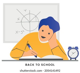 BACK TO SCHOOL - Cute happy little children at school. Little children holding big school stationery. Funny cartoon characters. Vector illustration