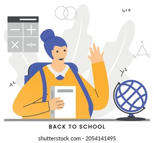 BACK TO SCHOOL - Cute happy little children at school. Little children holding big school stationery. Funny cartoon characters. Vector illustration