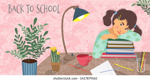 Back to school. Cute horizontal vector illustration of a sitting over the books student. Girl, books, notebook, flowers and desk lamp on a table.