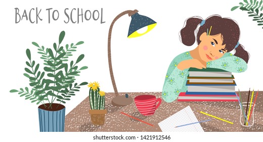 Back to school. Cute horizontal vector illustration of a sitting over the books student. Girl, books, notebook, flowers and desk lamp on a table on a white background.