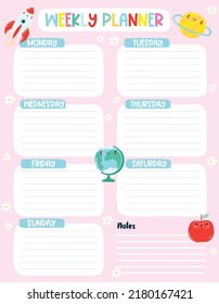 Back to school cute kawaii weekly or daily planner, note paper, to do list, stickers templates decorated by cute kids illustrations and inspirational quote. School scheduler and organizer.