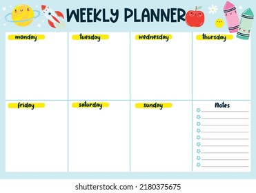 Back to school cute kawaii weekly or daily planner, note paper, to do list, stickers templates decorated by cute kids illustrations and inspirational quote. School scheduler and organizer.
