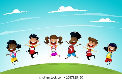 Back to school Cute school kids going back to school. Cartoon vector illustration