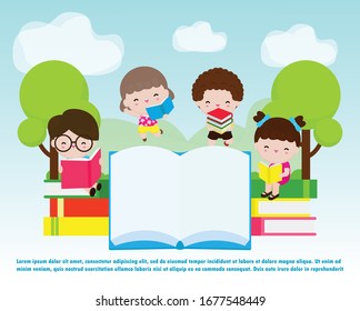 back to school, Cute kids reading book, education concept, Kids go to school, Template for advertising brochure, your text,Kids and frame,child and frame,Vector Illustration, 