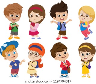 Back to school. Cute kids standing with different pose.vector and illustration.