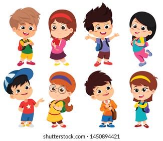 Back to school. Cute kids standing with different pose.vector and illustration.