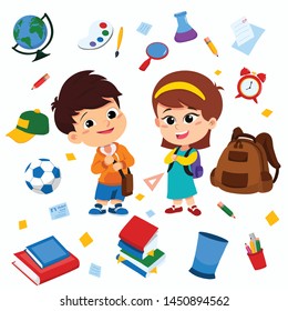 Back to school. Cute kids standing with object school such as pencil , bag,clock,book,globe,ball,glass,bin.vector and illustration.