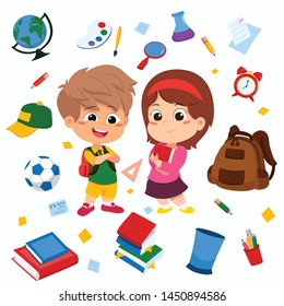 Back to school. Cute kids standing with object school such as pencil , bag,clock,book,globe,ball,glass,bin.vector and illustration.