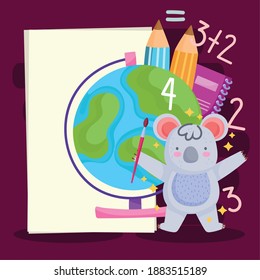 de vuelta a la escuela lindo koala con lápices de mapas de pincel y ilustración de vectores de caricaturas de libros