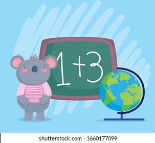 Zurück zur Schule, süße Koala mit Kreidekarikatur auf der Weltkarte Vektorillustration