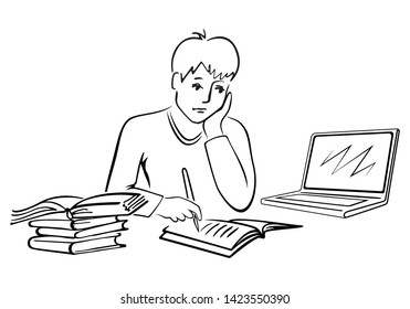 Back to school. Cute little school boy writing in notebook. School child sitting with laptop at table. Educational ideas concept vector illustration.