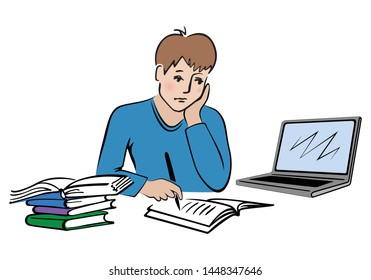 Back to school. Cute little school boy writing in notebook. School child sitting with laptop at table. Educational concept vector illustration.