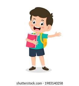 Back to school. Cute little boy kid happy smile at school on the first day of school. Children with student bags and books for learning. character vector illustration.