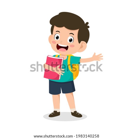 Back to school. Cute little boy kid happy smile at school on the first day of school. Children with student bags and books for learning. character vector illustration.