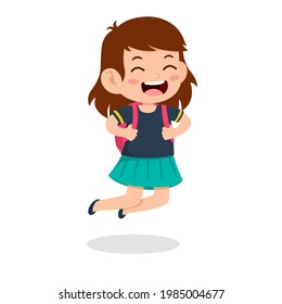 Back to school. Cute little girl kid jumping happy smile at school on the first day of school. Children with student bags for learning. character vector illustration.