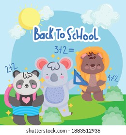 back to school cute little panda bear and koala in landscaping vector illustration