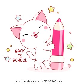 De vuelta a la escuela. Pequeño gato blanco con lápiz. Ilustración del vector EPS8