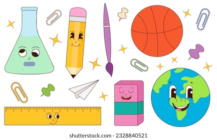 Back to school. Cute mascot characters and school items in retro style. Set of school subjects. A test tube, a globe, a pencil, a brush, an eraser, a basketball and a paper roll.