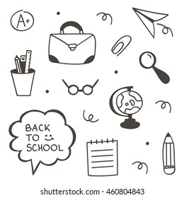 Back to school cute monochrome set, collection of doodles isolated on white background.