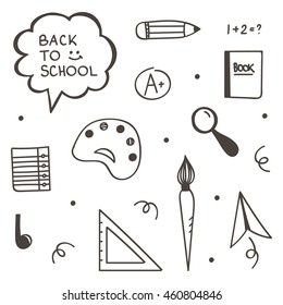 Back to school cute monochrome set, collection of doodles isolated on white background.