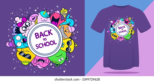 Back to school with cute monsters. Print in trend ultra violet color. Sticker with funny character