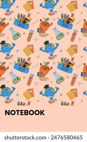 Back school cute notebook cover with retro groovy characters. Back to school and education concept. Contemporary funky vector illustration