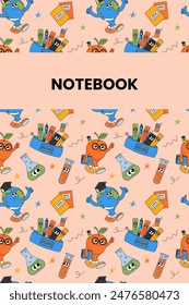 Back school cute notebook cover with retro groovy characters. Back to school and education concept. Contemporary funky vector illustration