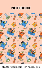 Back school cute notebook cover with retro groovy characters. Back to school and education concept. Contemporary funky vector illustration