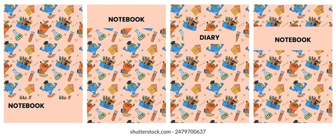 Back school cute notebook and diary cover with retro groovy characters. Back to school, education concept. Contemporary funky vector illustration set
