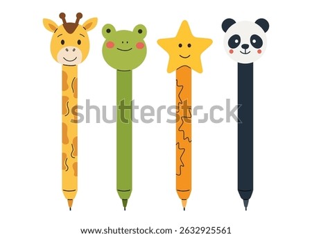 Back to school cute novelty pens vector set with giraffe, frog, star, and panda characters, colorful flat illustration ideal for kids stationery, school supplies, and educational design projects.

