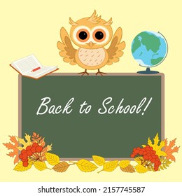 Back to school with cute owlet sits on a blackboard with open book and globe.