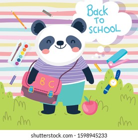 back to school cute panda with bag apple clock color education vector illustration