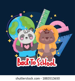 back to school cute panda bear with map and ruler supplies class vector illustration