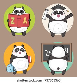 Back to school. Cute Panda Bear Character studying, reading, going to school. Vector set.
