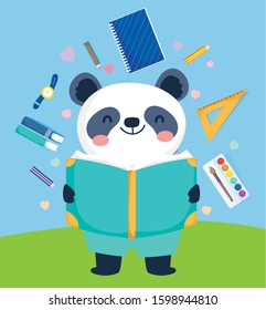 back to school cute panda reading book education vector illustration