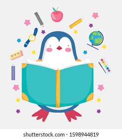 back to school cute penguin reading book education vector illustration