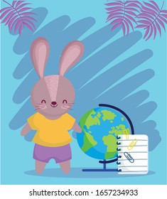 back to school, cute rabbit with globe map and notepad vector illustration