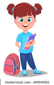 Back to school. Cute redhead girl with books in casual clothes stands near schoolbag. Pretty little schoolgirl. Cheerful cartoon character. Vector illustration