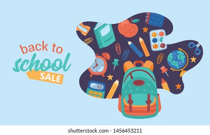 Back to school cute sale banner. Childish print. Vector Illustration