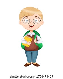 Back to school. Cute schoolboy with backpack and book. Funny boy cartoon character. Vector illustration, usable for landing page, website etc.