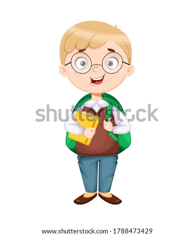 Back to school. Cute schoolboy with backpack and book. Funny boy cartoon character. Vector illustration, usable for landing page, website etc.