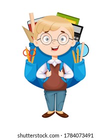 Back to school. Cute schoolboy with big backpack. Funny boy cartoon character. Vector illustration