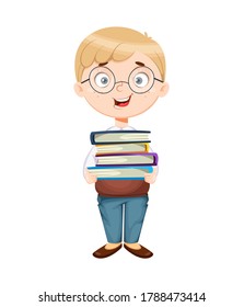 Back to school. Cute schoolboy holds books. Funny boy cartoon character. Vector illustration, usable for landing page, website etc.