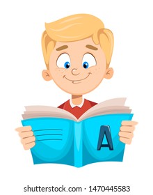 Back to school. Cute schoolboy reading book. Funny kid cartoon character. Vector illustration.