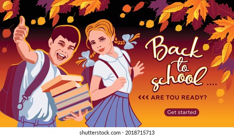 Back to school. Cute schoolchildren. A girl with pigtails in a school uniform with a backpack, a boy with books on a background of autumn leaves. School activities. Pictures for infographics, website