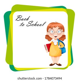 Back to school. Cute schoolgirl with backpack and book. Funny girl cartoon character. Vector illustration on abstract background