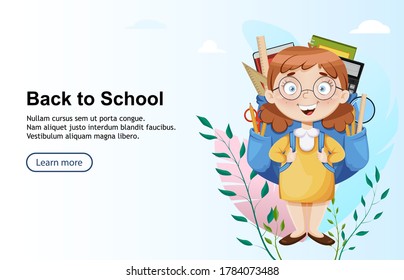 Back to school. Cute schoolgirl with big backpack. Funny girl cartoon character. Vector illustration, usable for landing page, website etc.