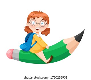 Back to school. Cute schoolgirl sitting on big pencil. Funny girl cartoon character. Vector illustration