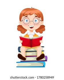Back to school. Cute schoolgirl sitting on books. Funny girl cartoon character. Vector illustration