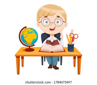 Back to school. Cute schoolgirl sitting at the desk while geography lesson. Funny girl cartoon character. Vector illustration